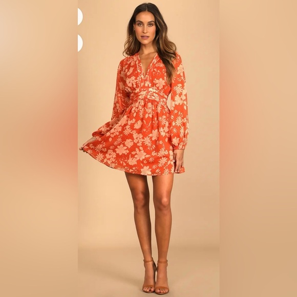 LULU’s Rust Orange Floral Print Long Sleeve Mini Dress SIZE: SMALL - Picture 2 of 14